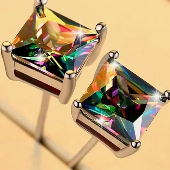 Mystic Rainbow Topaz 3.50CT Princess Cut Earring Pair, 925 Sterling Silver - Picture 2 of 7